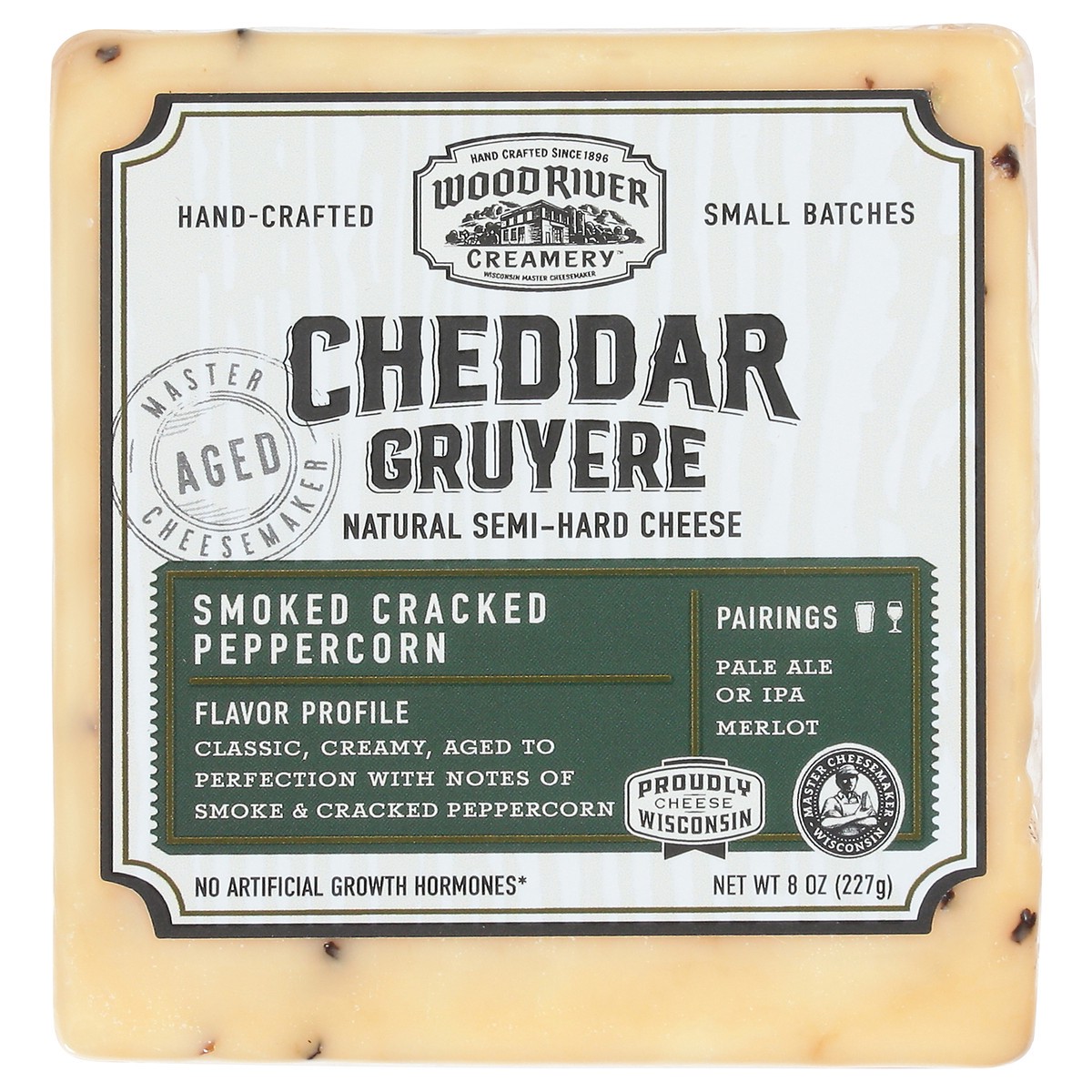 slide 1 of 12, Wood River Creamery Cheddar Gruyere Smoked Cracked Peppercorn Cheese 8 oz, 