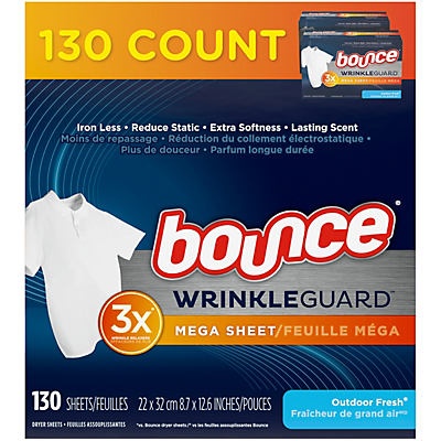 slide 1 of 1, Bounce WrinkleGuard Outdoor Fresh Fabric Softener Mega Dryer Sheets, 130 ct