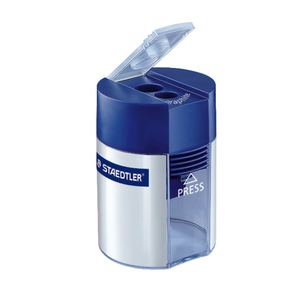 slide 1 of 1, STAEDTLER Two-Hole Metal Pencil Sharpener With Locking Mechanism, Blue/Silver, 1 ct