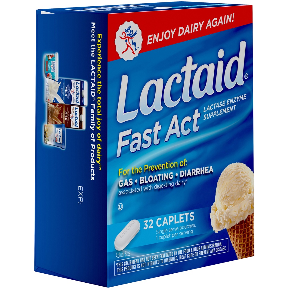 slide 2 of 6, Lactaid Fast Act Lactose Intolerance Relief Caplets with Lactase Enzyme to Prevent Gas, Bloating & Diarrhea Due to Lactose Sensitivity, Ideal for Travel & On-the-Go, 32 ct