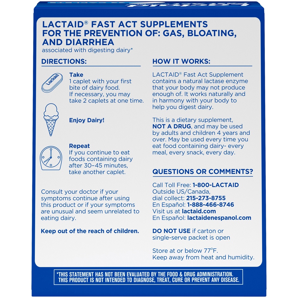 slide 6 of 6, Lactaid Fast Act Lactose Intolerance Relief Caplets with Lactase Enzyme to Prevent Gas, Bloating & Diarrhea Due to Lactose Sensitivity, Ideal for Travel & On-the-Go, 32 ct