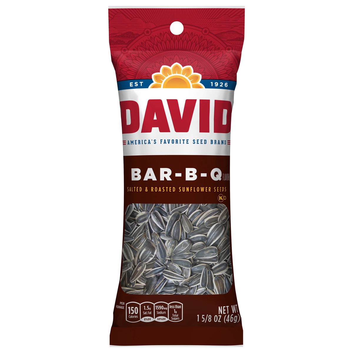 slide 1 of 5, DAVID Roasted and Salted Bar-B-Q Sunflower Seeds, Keto Friendly Snack, 1.625 oz. Bag, 1.625 oz