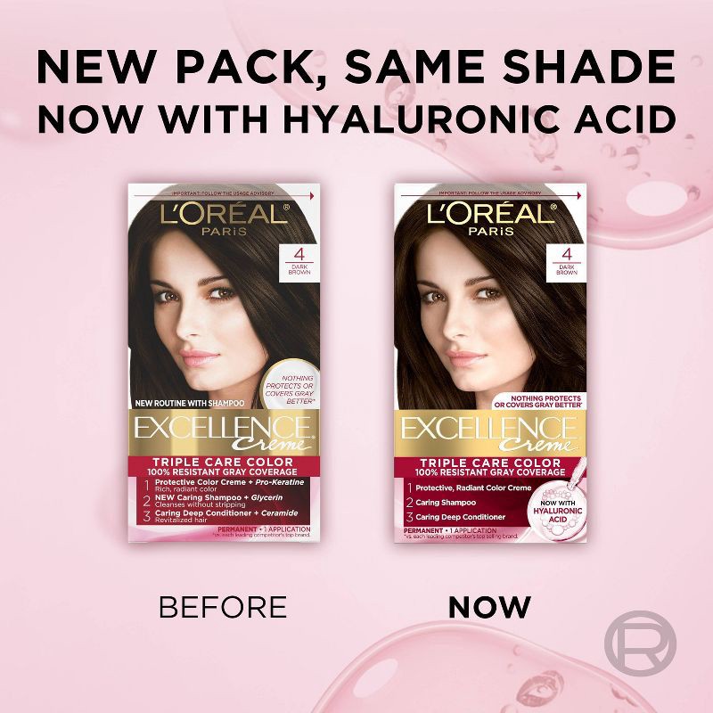 slide 9 of 10, L'Oreal Paris Excellence Triple Protection Permanent Hair Color - 4 Dark Brown - 1 Kit, 1 ct