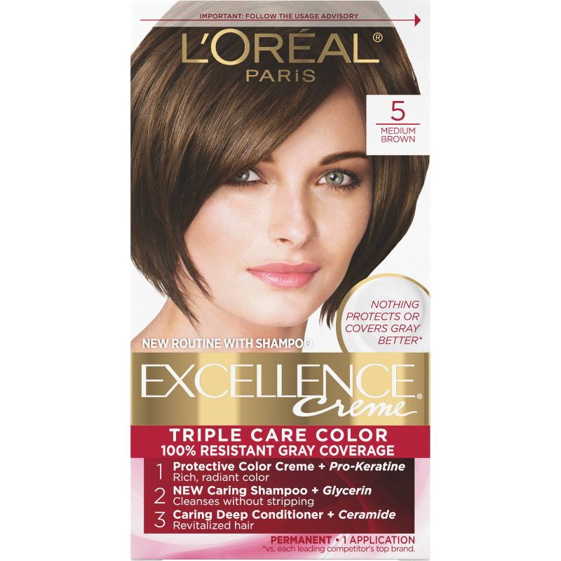 slide 1 of 7, L'Oreal Paris Excellence Triple Protection Permanent Hair Color - 6.3 fl oz - 5 Medium Brown - 1 Kit, 6.3 fl oz