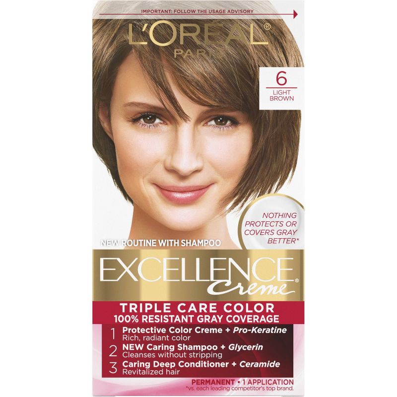 slide 1 of 7, L'Oreal Paris Excellence Triple Protection Permanent Hair Color - 6.3 fl oz - 6 Light Brown - 1 kit, 6.3 fl oz