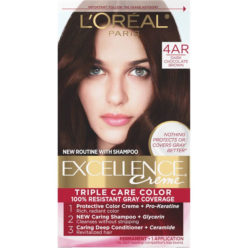 slide 1 of 7, L'Oreal Paris Excellence Triple Protection Permanent Hair Color - 6.3 fl oz - 4AR Dark Chocolate Brown - 1 Kit, 6.3 fl oz