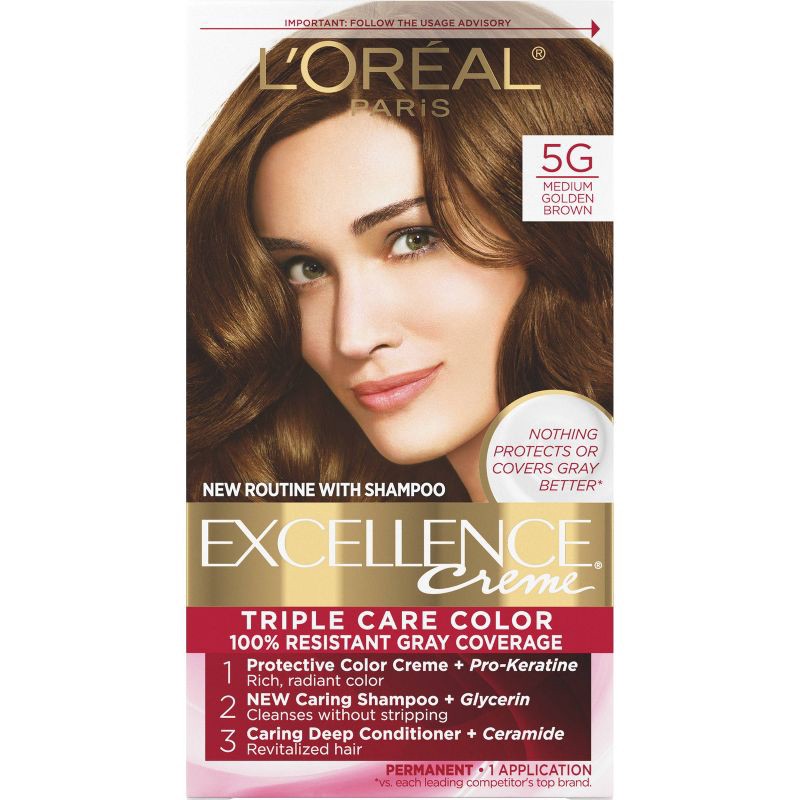 slide 1 of 7, L'Oreal Paris Excellence Triple Protection Permanent Hair Color - 6.3 fl oz - 5G M Golden Brown - 1 Kit, 6.3 fl oz, 5 gram