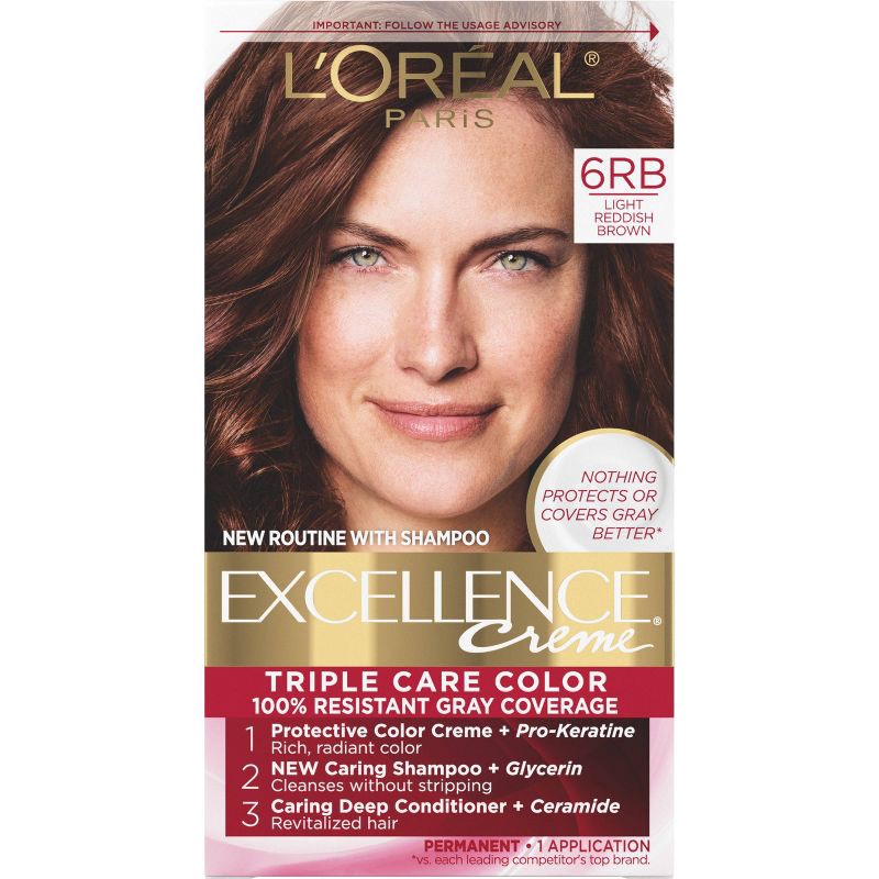 slide 1 of 7, L'Oreal Paris Excellence Triple Protection Permanent Hair Color - 6.3 fl oz - 6RB Light Reddish Brown - 1 Kit, 6.3 fl oz