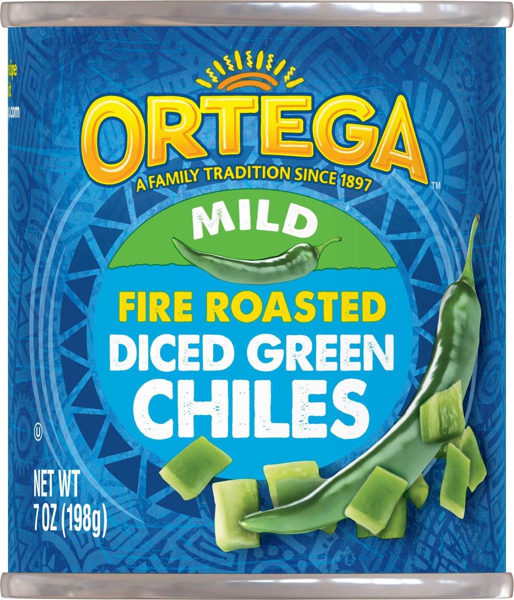 slide 1 of 9, Ortega Diced Mild Fire Roasted Green Chiles 7 oz, 7 oz