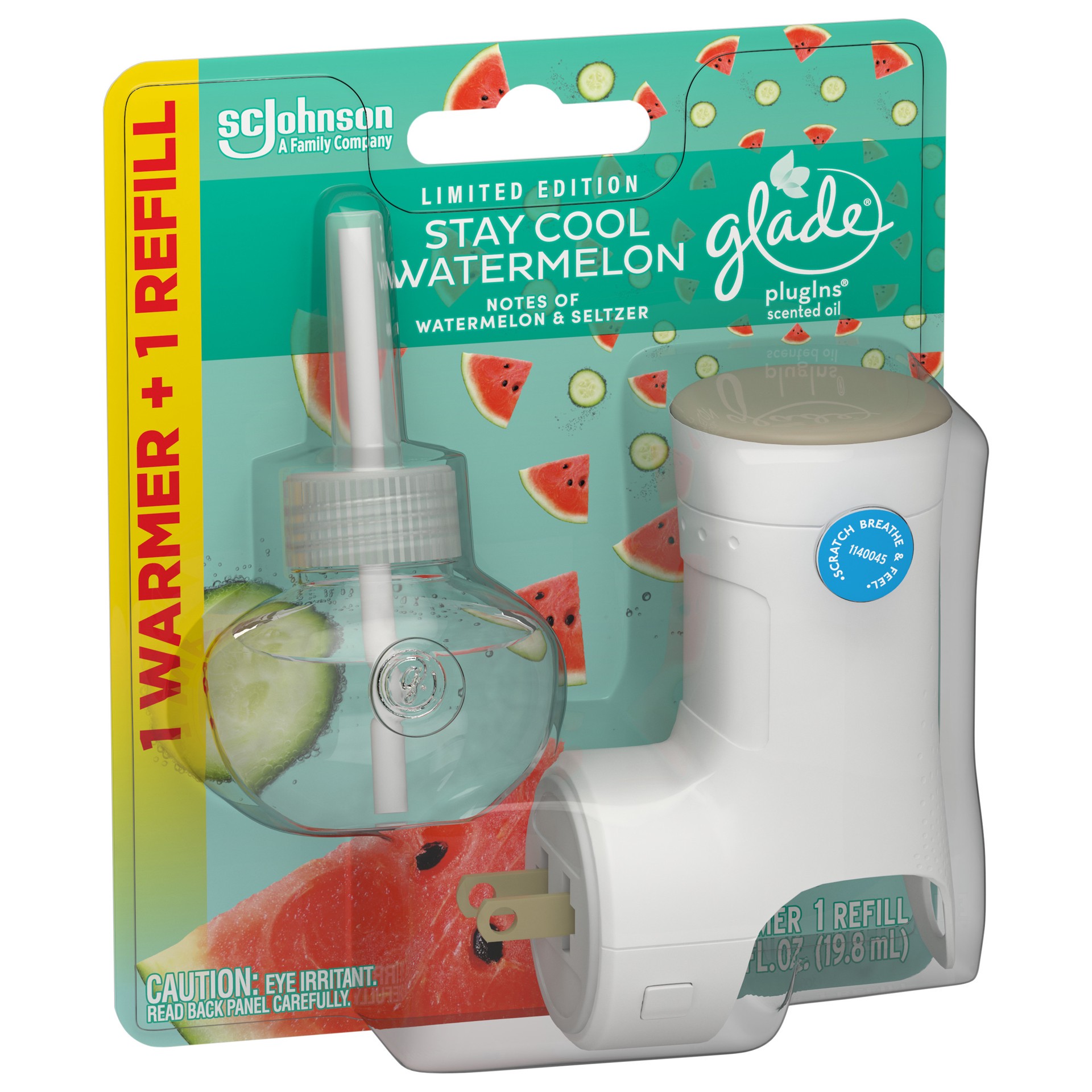 slide 2 of 5, Glade PlugIns Scented Oil Warmer + Refill, Stay Cool Watermelon Scent, Infused with Essential Oils, Spring Limited Edition Fragrance, Positive Vibes Collection, 0.67 oz., 1 ct