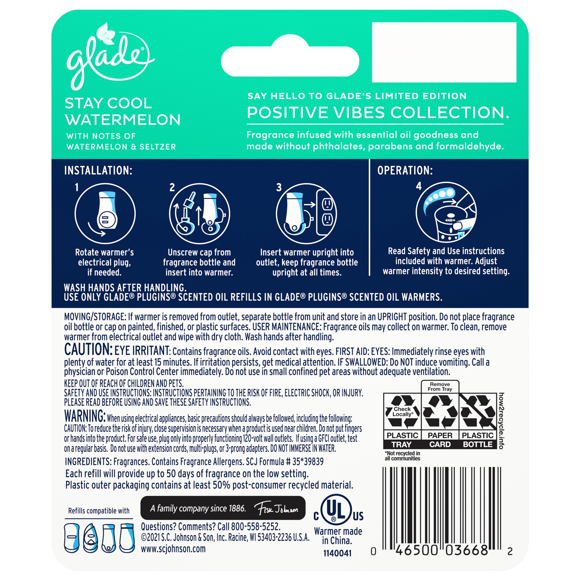 slide 5 of 5, Glade PlugIns Scented Oil Warmer + Refill, Stay Cool Watermelon Scent, Infused with Essential Oils, Spring Limited Edition Fragrance, Positive Vibes Collection, 0.67 oz., 1 ct