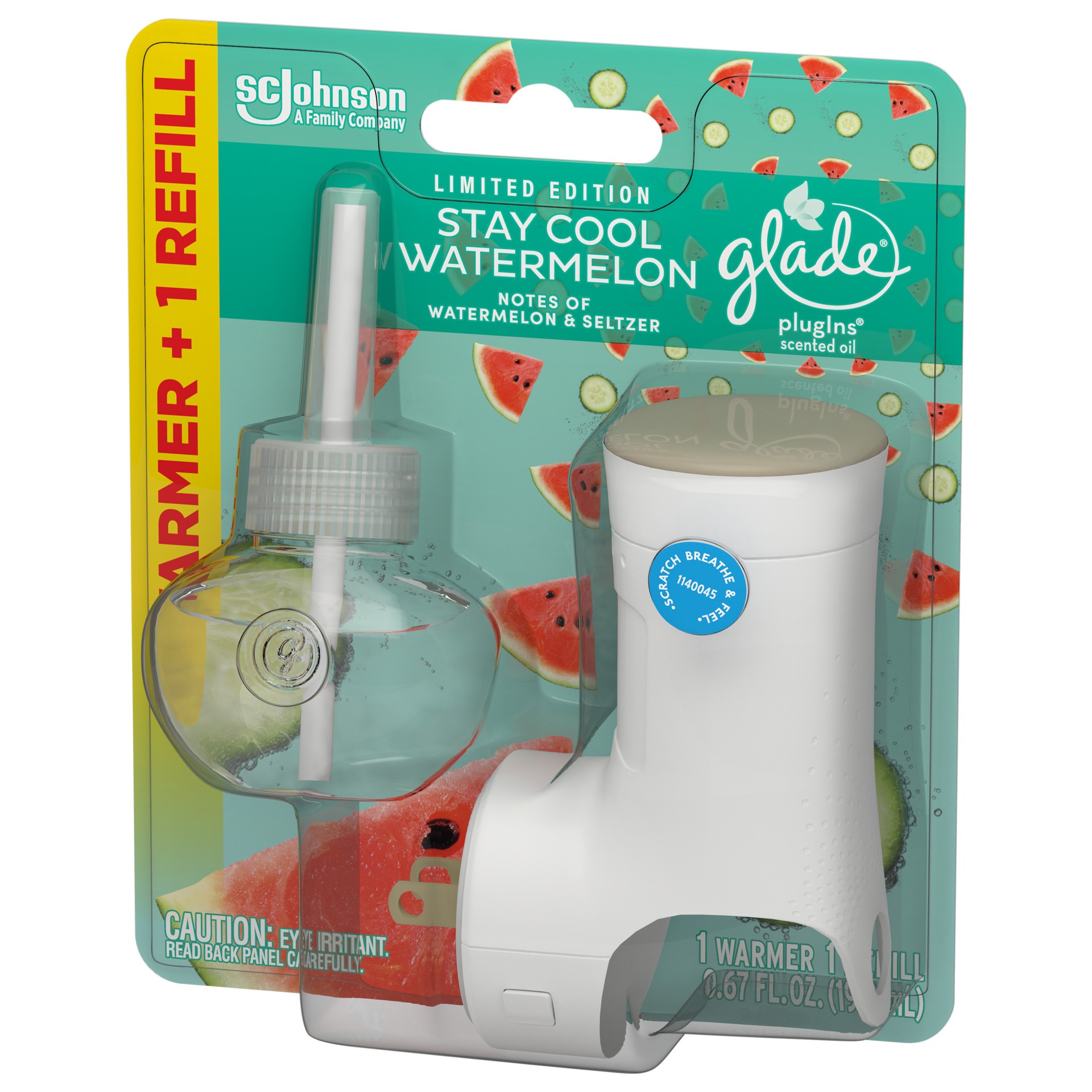 slide 4 of 5, Glade PlugIns Scented Oil Warmer + Refill, Stay Cool Watermelon Scent, Infused with Essential Oils, Spring Limited Edition Fragrance, Positive Vibes Collection, 0.67 oz., 1 ct
