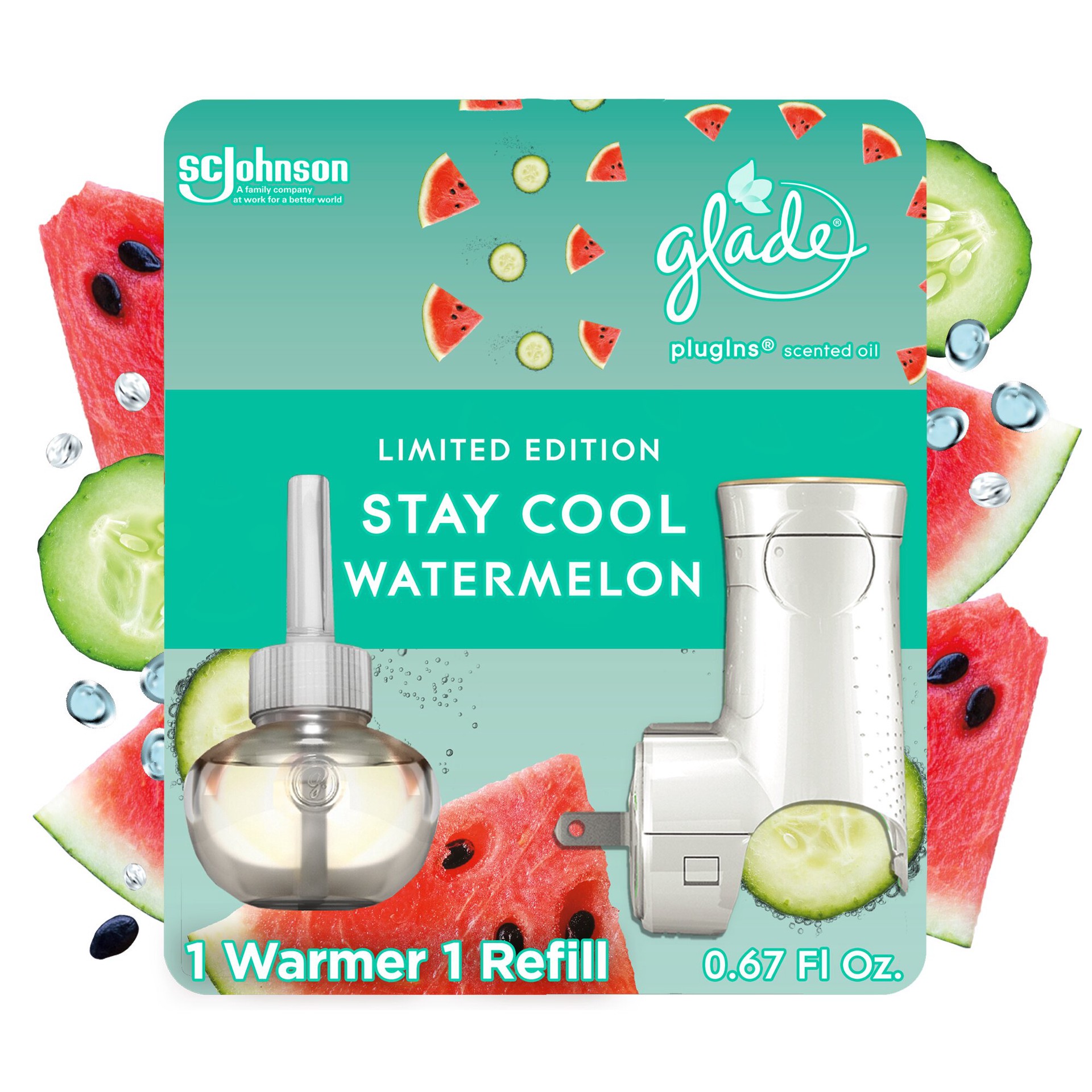 slide 3 of 5, Glade PlugIns Scented Oil Warmer + Refill, Stay Cool Watermelon Scent, Infused with Essential Oils, Spring Limited Edition Fragrance, Positive Vibes Collection, 0.67 oz., 1 ct