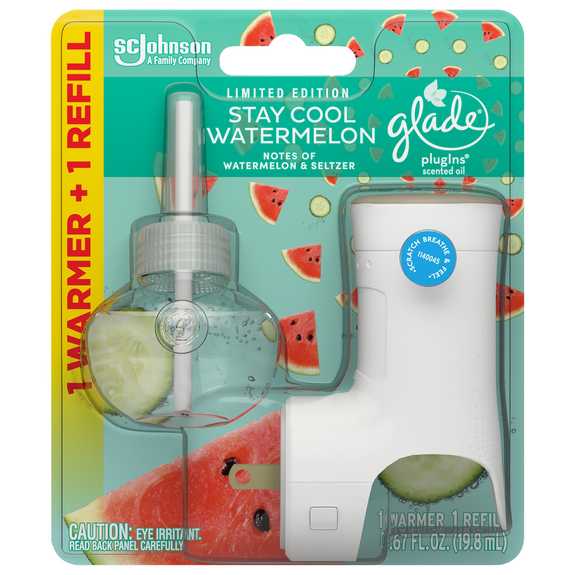 slide 1 of 5, Glade PlugIns Scented Oil Warmer + Refill, Stay Cool Watermelon Scent, Infused with Essential Oils, Spring Limited Edition Fragrance, Positive Vibes Collection, 0.67 oz., 1 ct