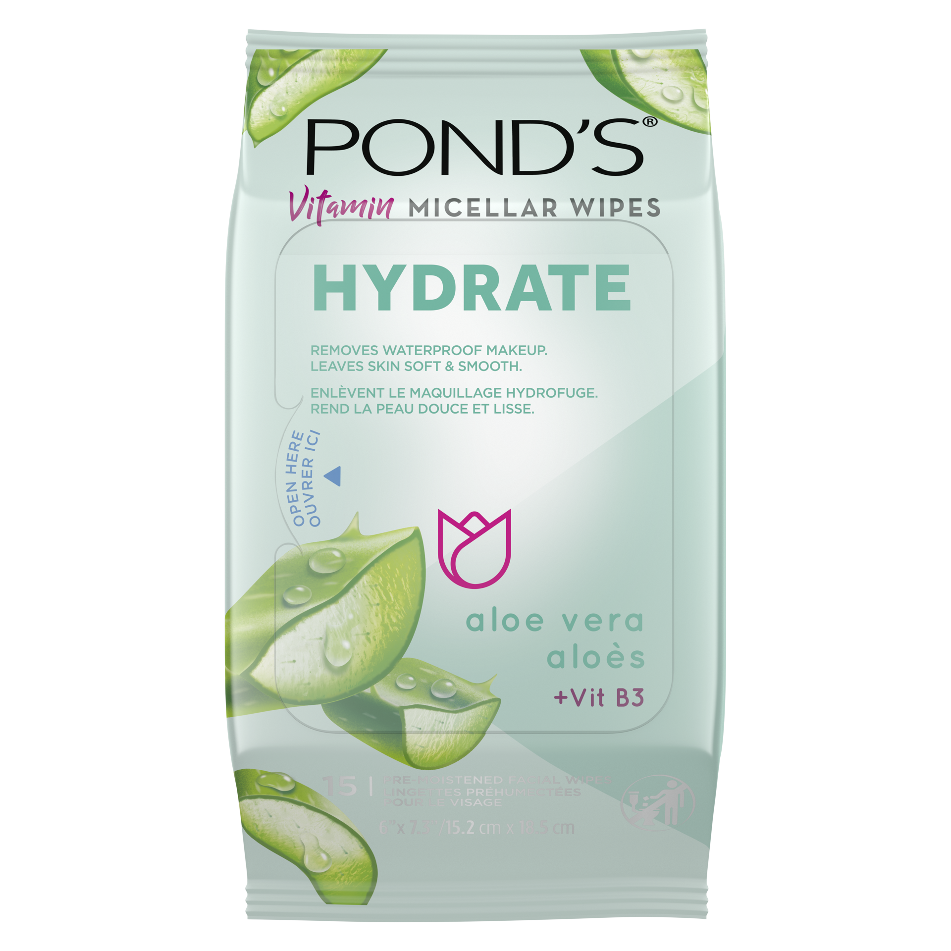 slide 2 of 4, Pond's Vitamin Micellar Wipes Hydrate Aloe Vera, 15 Wipes, 15 ct