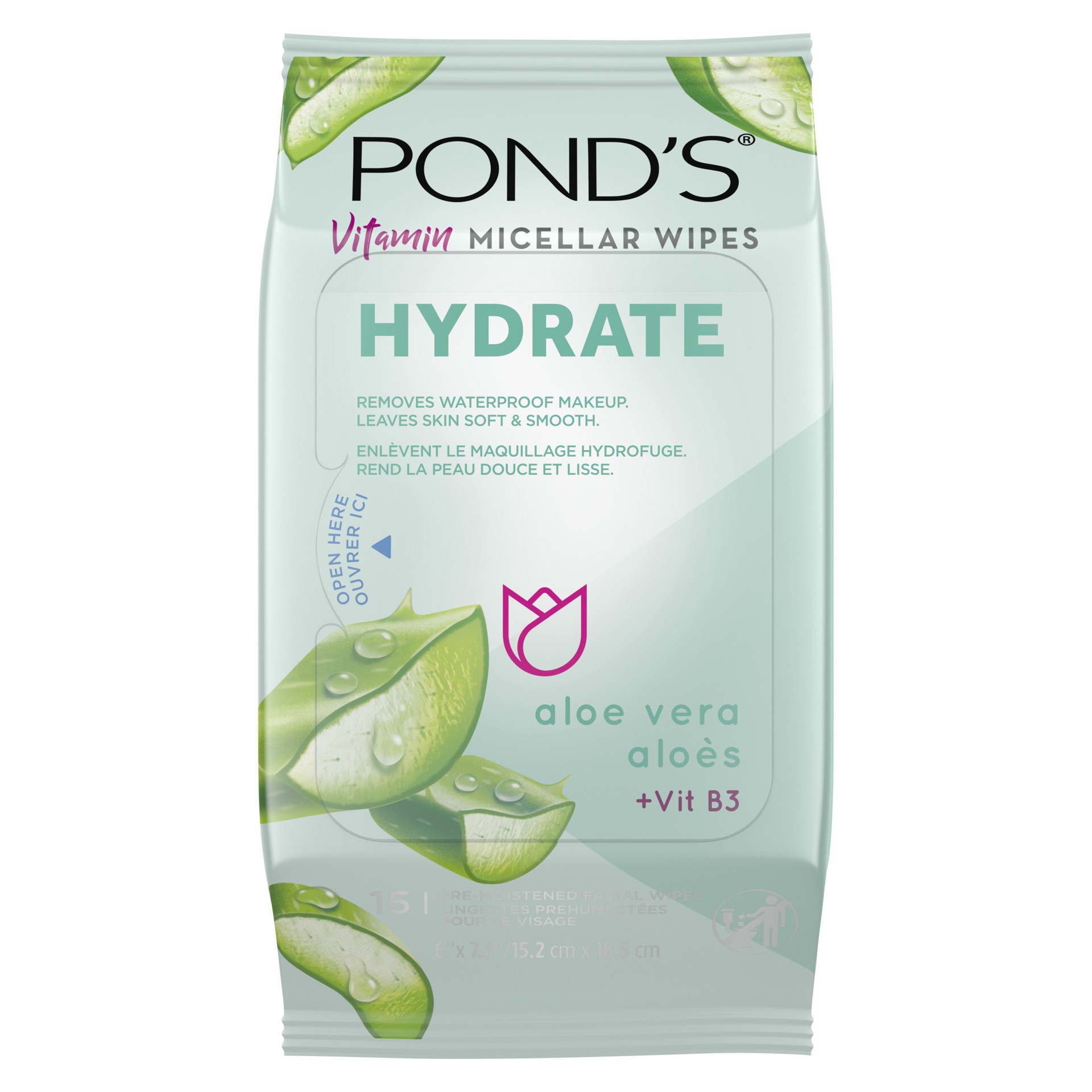 slide 1 of 4, Pond's Vitamin Micellar Wipes Hydrate Aloe Vera, 15 Wipes, 15 ct