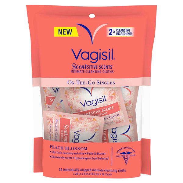 slide 1 of 1, Vagisil Intimate Cleansing Cloths On-The-Go Peach Blossom, 16 ct