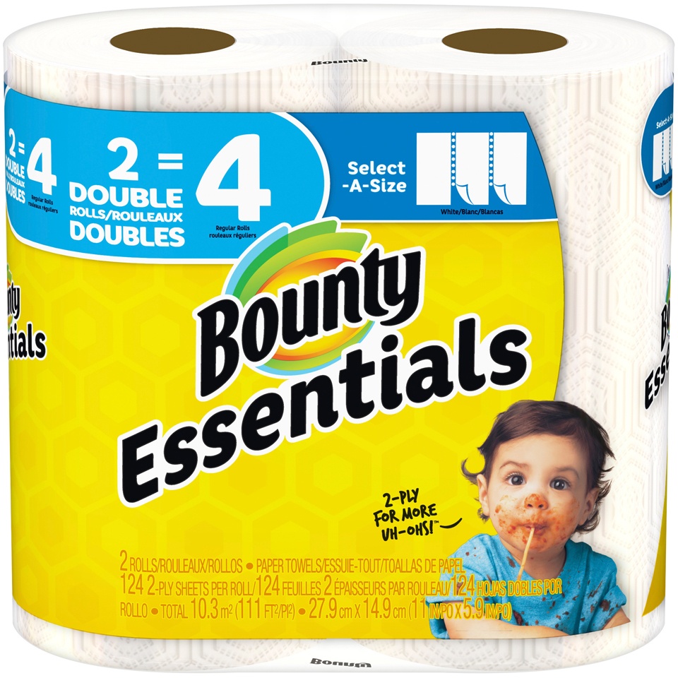slide 1 of 1, Bounty Essentials Select-A-Size Paper Towels, White, Double Rolls, 2 ct