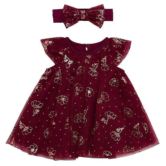 slide 1 of 1, Baby Starters Newborn Tulle Dress and Headband Set - Berry with Rose Gold Flowers, 1 ct
