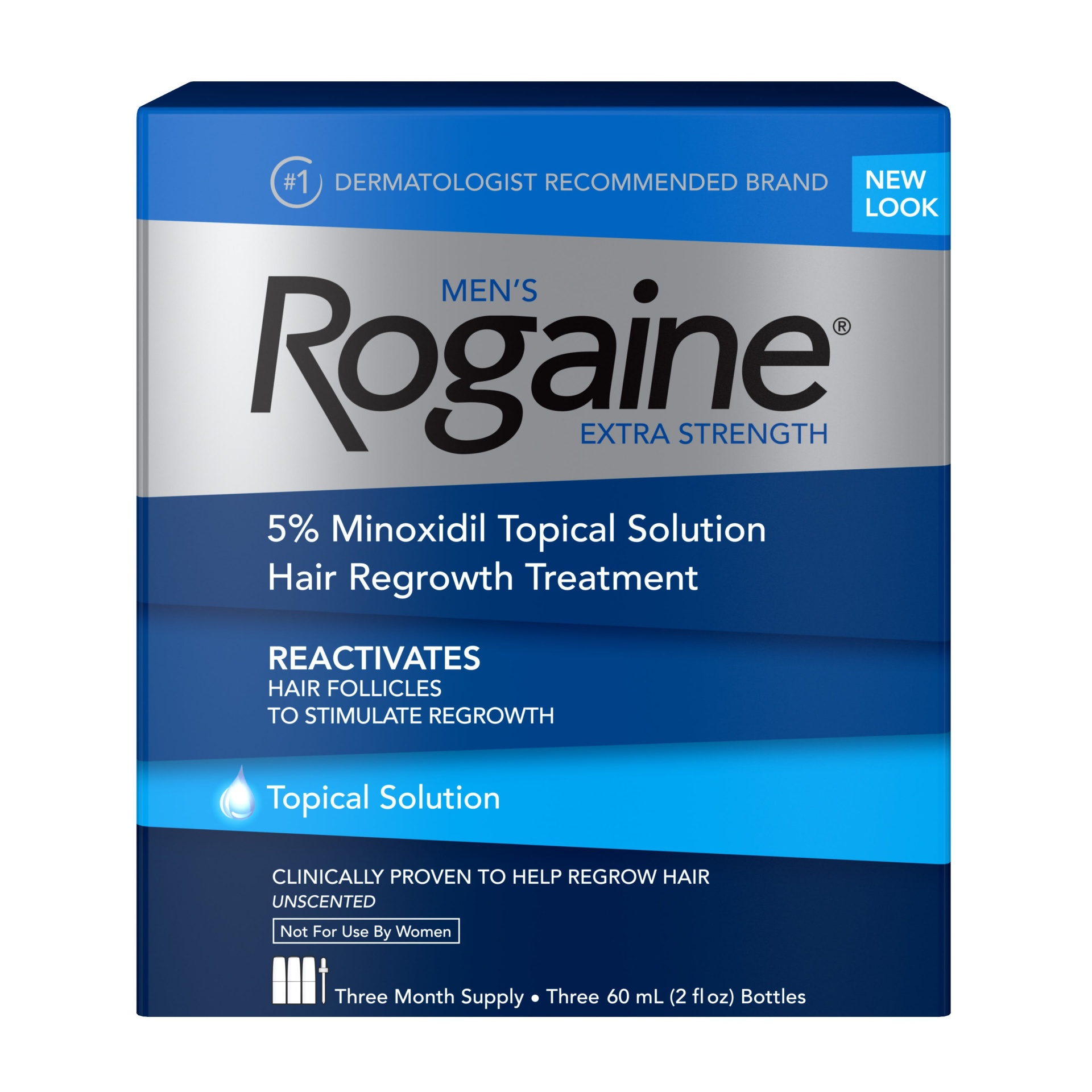 slide 1 of 1, Rogaine Men's Rogaine Extra Strength 5% Minoxidil Topical Solution for Hair Loss & Hair Regrowth, Topical Hair Regrowth Treatment for Men, Unscented Minoxidil Liquid, 3-Month Supply, 3 x 2 fl. oz, 3 ct; 2 fl oz