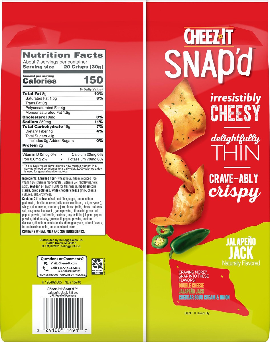 slide 6 of 6, Cheez-It Snap'd Cheese Cracker Chips, Thin Crisps, Lunch Snacks, Jalapeño Jack, 7.5oz Bag, 1 Bag, 7.5 oz