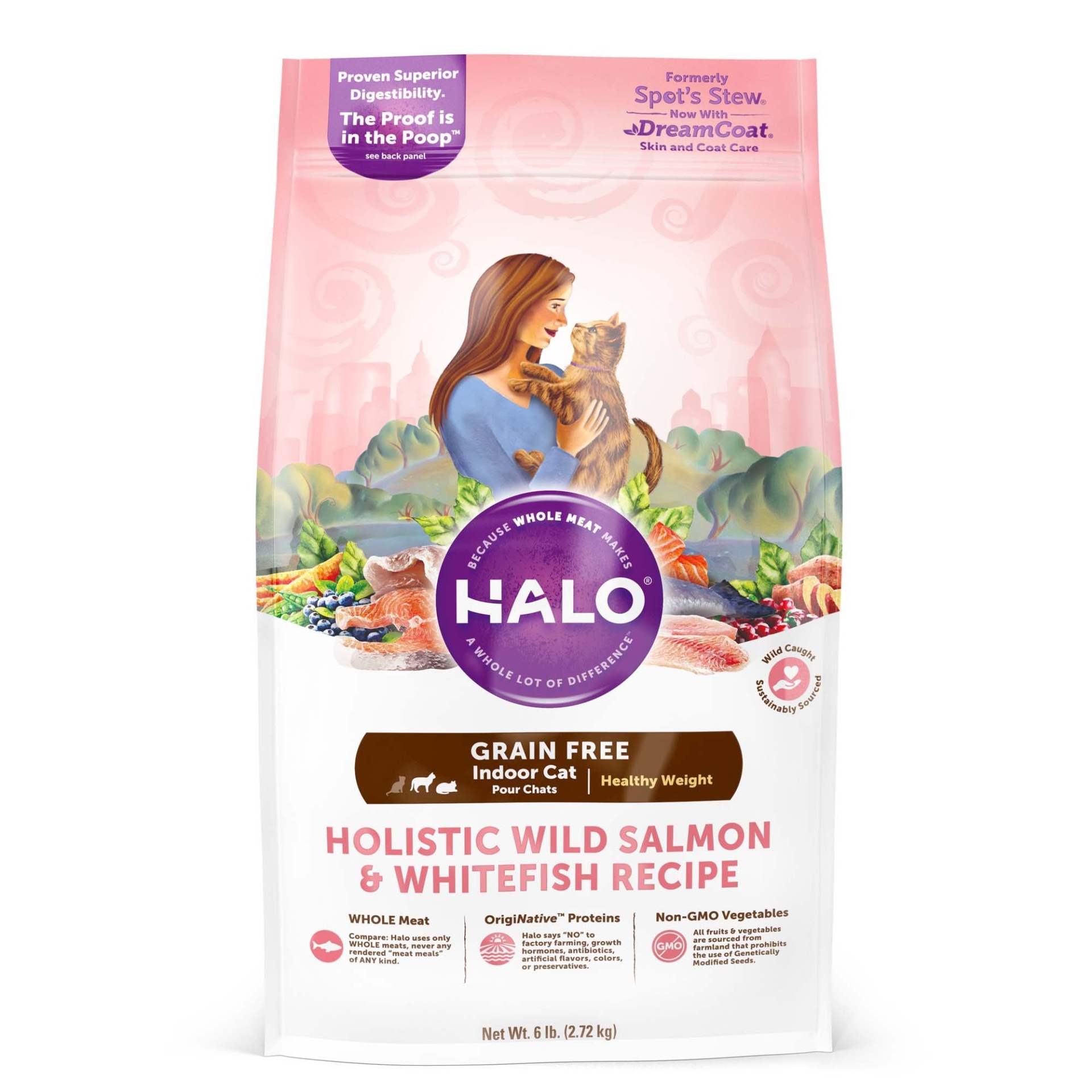 slide 1 of 1, Halo Holistic Healthy Weight Grain Free Wild Salmon and Whitefish for Indoor Dry Cat Food, 6 lb