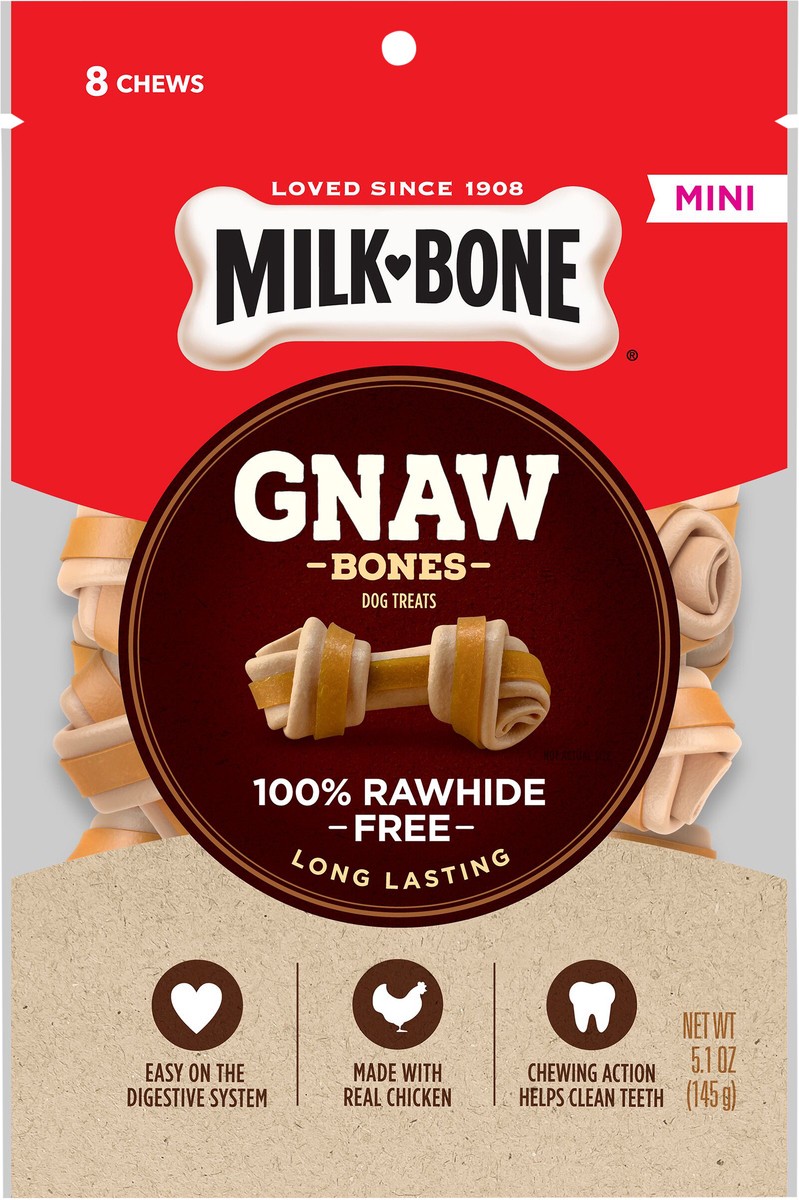 slide 1 of 16, Milk-Bone GnawBones Knotted Bones, Rawhide-Free, Chicken, Mini, 5.1 Ounces, 8 ct