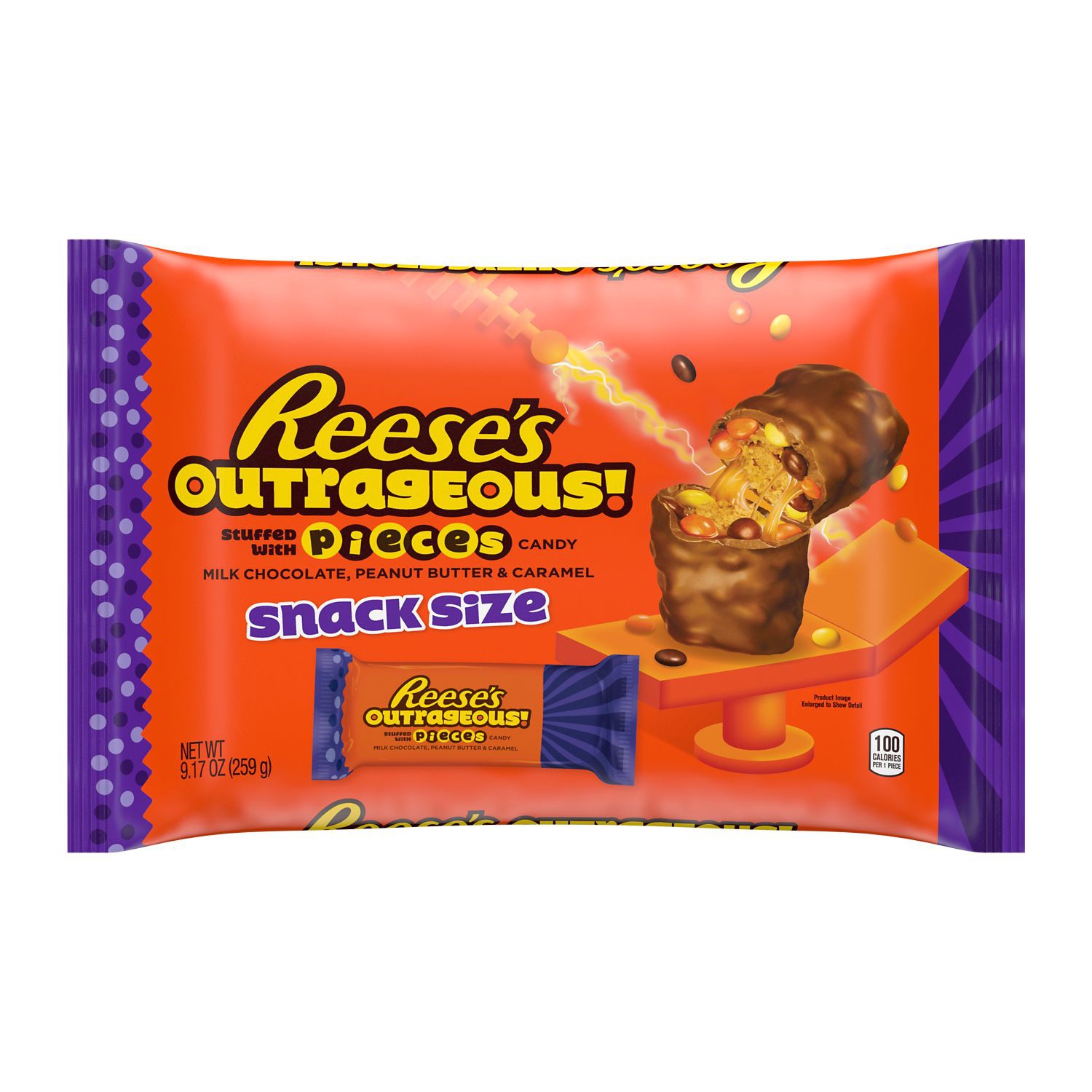 slide 1 of 4, Reese's OUTRAGEOUS! STUFFED WITH PIECES Milk Chocolate, Peanut Butter and Caramel Snack SIze Candy Bars, 9.17 oz, Bag, 9.17 oz