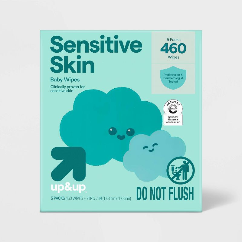 slide 1 of 5, Sensitive Skin Baby Wipes - 5pk/460ct Total - up&up™, 5 ct, 460 ct