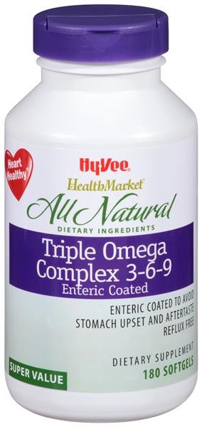 slide 1 of 1, Hy-Vee HealthMarket Enteric Coated Triple Omega Complex 3-6-9 Dietary Supplement Softgels, 180 ct