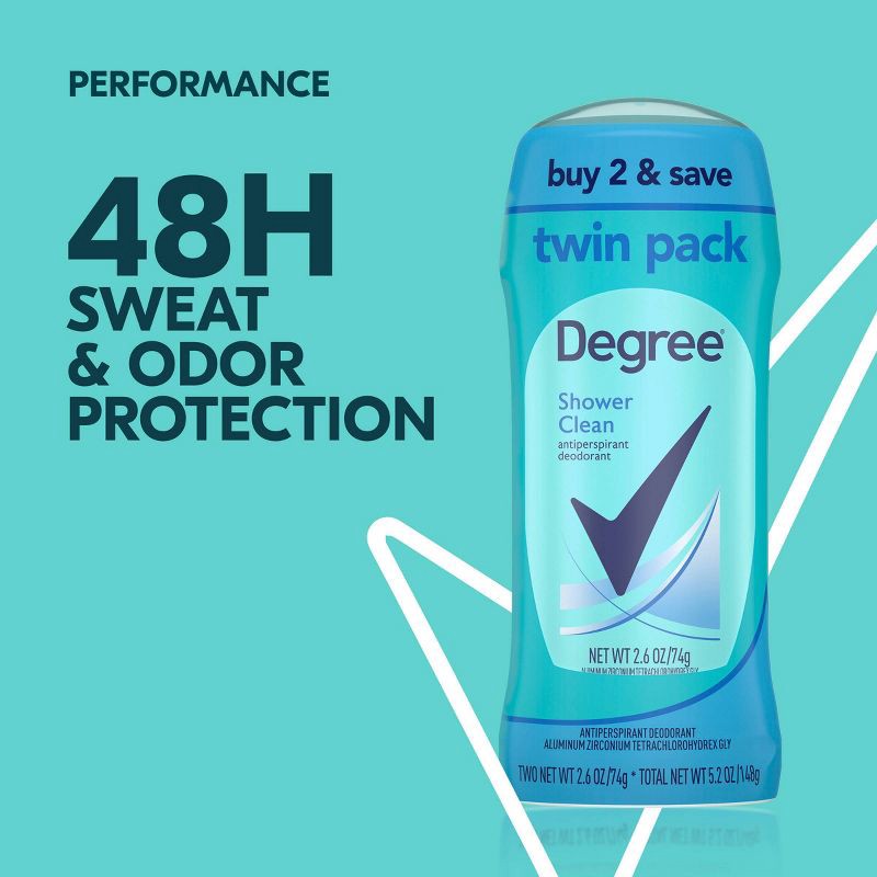 slide 4 of 6, Degree Shower Clean 48-Hour Solid Antiperspirant & Deodorant - 2.6oz/2ct, 2 ct; 2.6 oz