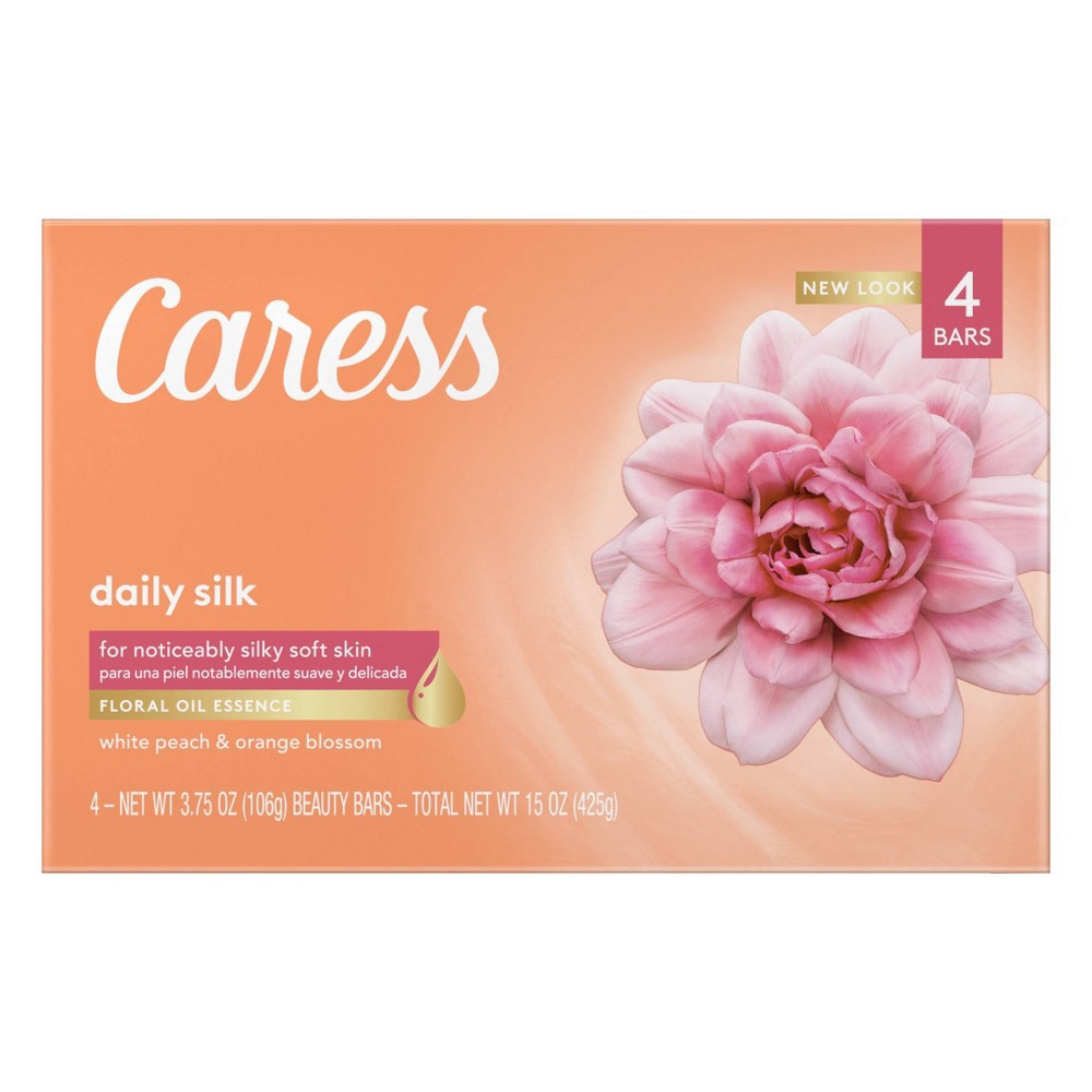 slide 2 of 3, Caress Daily Silk White Peach & Orange Blossom Scent Bar Soap - 4pk - 3.75oz each, 4 ct; 3.75 oz