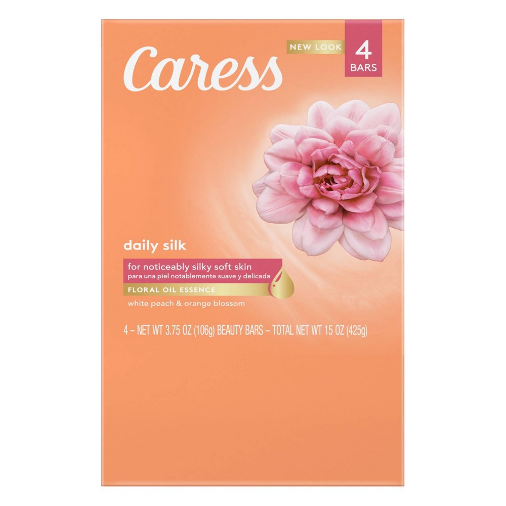 slide 3 of 3, Caress Daily Silk White Peach & Orange Blossom Scent Bar Soap - 4pk - 3.75oz each, 4 ct; 3.75 oz