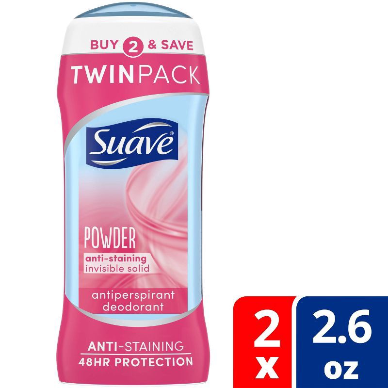 slide 1 of 6, Suave Powder Anti-Staining 48-Hour Antiperspirant & Deodorant Stick - 2.6oz/2pk, 2 ct; 2.6 oz