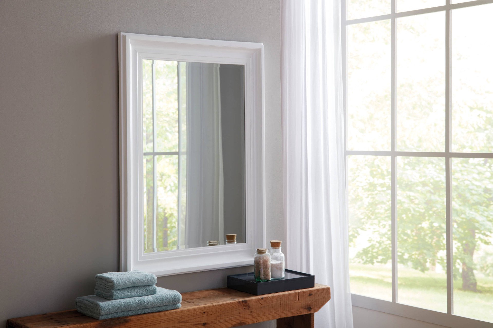 slide 6 of 6, allen + roth 31.75-in W x 43.75-in H Rectangle White Beveled Wall Mirror, 1 ct