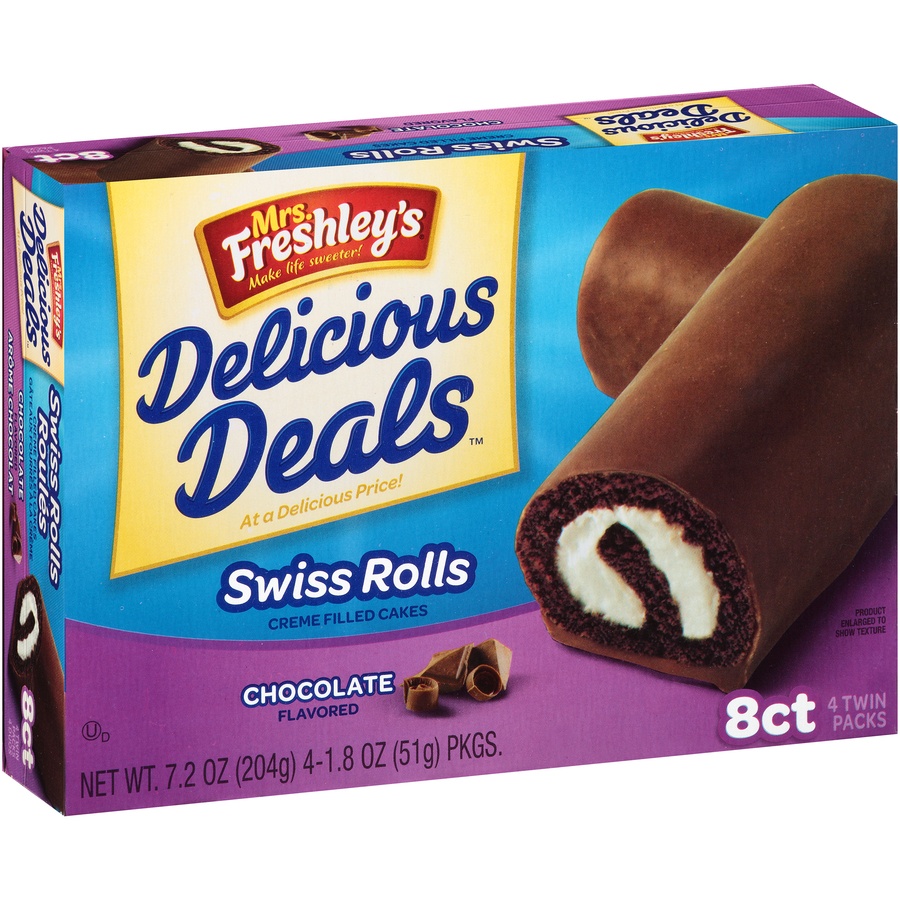 slide 6 of 8, Mrs. Freshley's Delicious Deals Swiss Rolls Creme Filled Cakes 8Ct, 7.2 oz