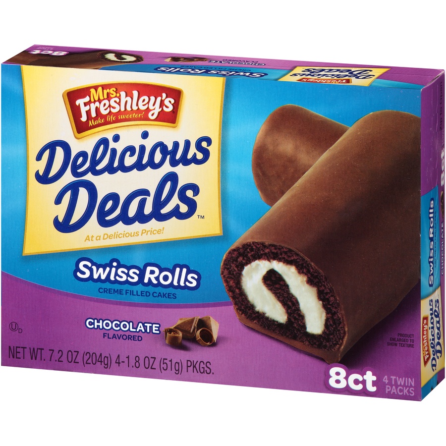 slide 7 of 8, Mrs. Freshley's Delicious Deals Swiss Rolls Creme Filled Cakes 8Ct, 7.2 oz