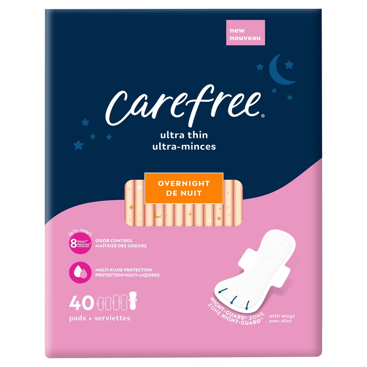slide 1 of 9, CAREFREE Ultra Thin Pads, Overnight With Wings, 40ct, 40 ct