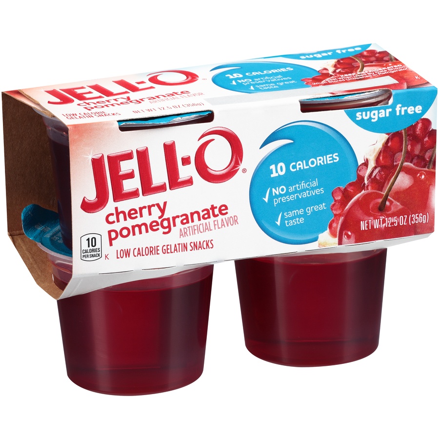 slide 2 of 8, Jell-O Sugar-Free Cherry Pomegranate Low Calorie Gelatin Snacks, 4 ct; 12.5 oz