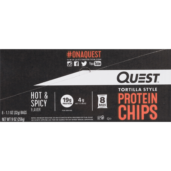 slide 1 of 1, Quest Gluten Free Hot & Spicy 19g Tortilla Style Protein Chips - 8 ct, 8 ct; 9 oz