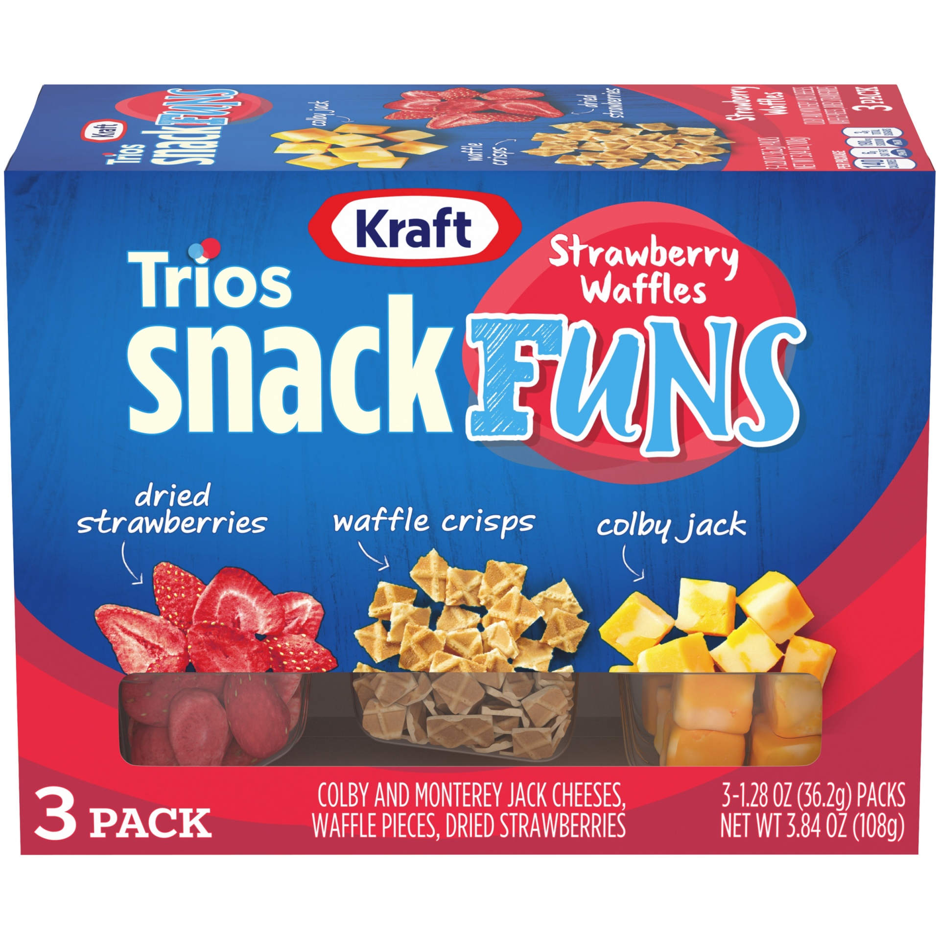 slide 1 of 1, Kraft Trios SnackFuns Strawberry Waffles Snack Packs with Colby & Monterey Jack Cheeses, Waffle Pieces & Dried Strawberries Trays, 3 ct; 1.28 oz