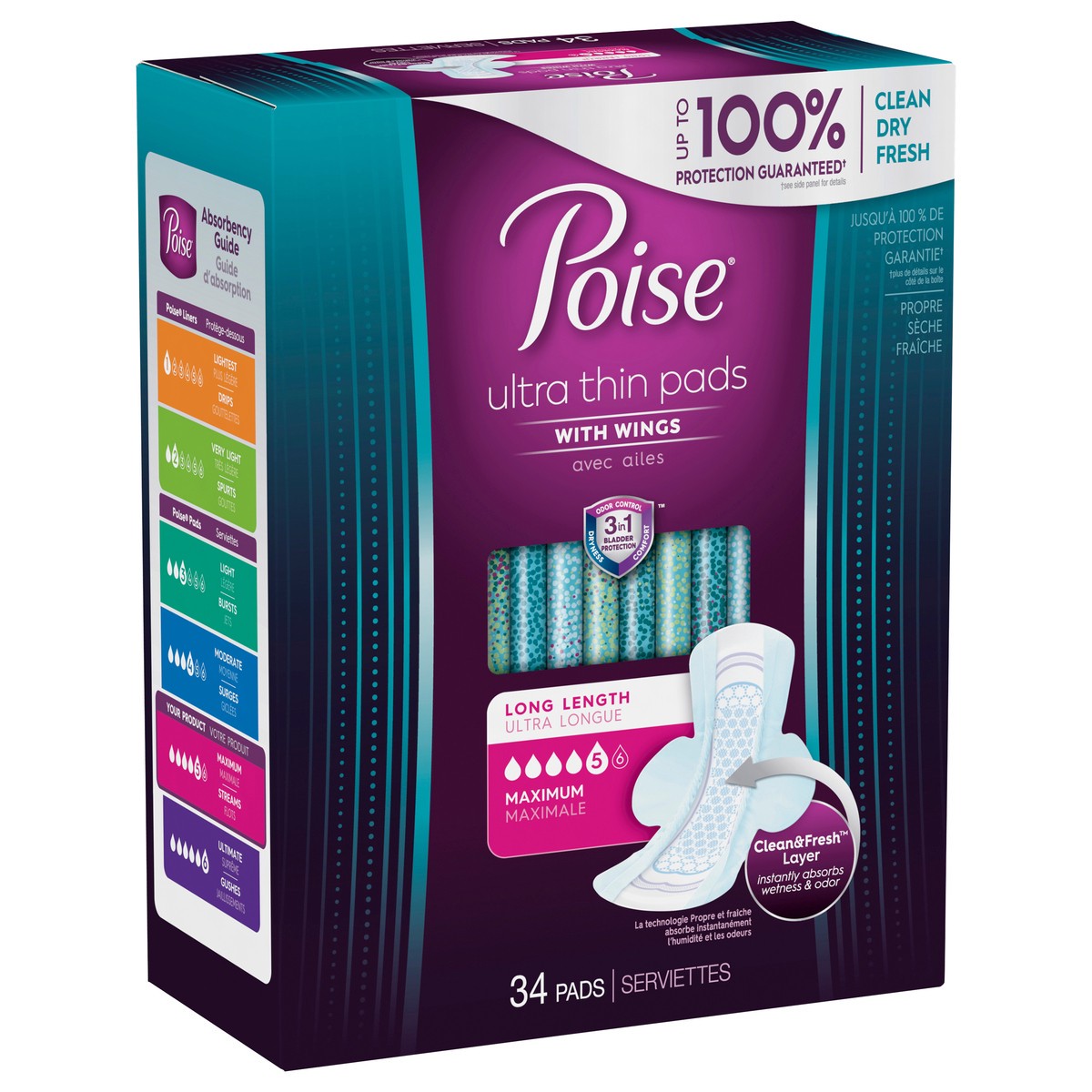 slide 3 of 9, Poise Ultra Thin Incontinence & Postpartum Pads with Wings for Bladder Leaks, 5 Drop Maximum Absorbency, Long Length, 34 Count, 34 ct