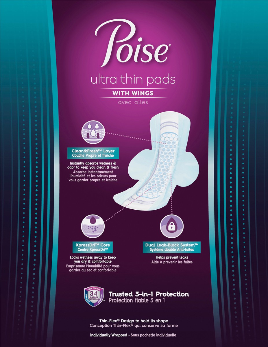 slide 4 of 9, Poise Ultra Thin Incontinence & Postpartum Pads with Wings for Bladder Leaks, 5 Drop Maximum Absorbency, Long Length, 34 Count, 34 ct
