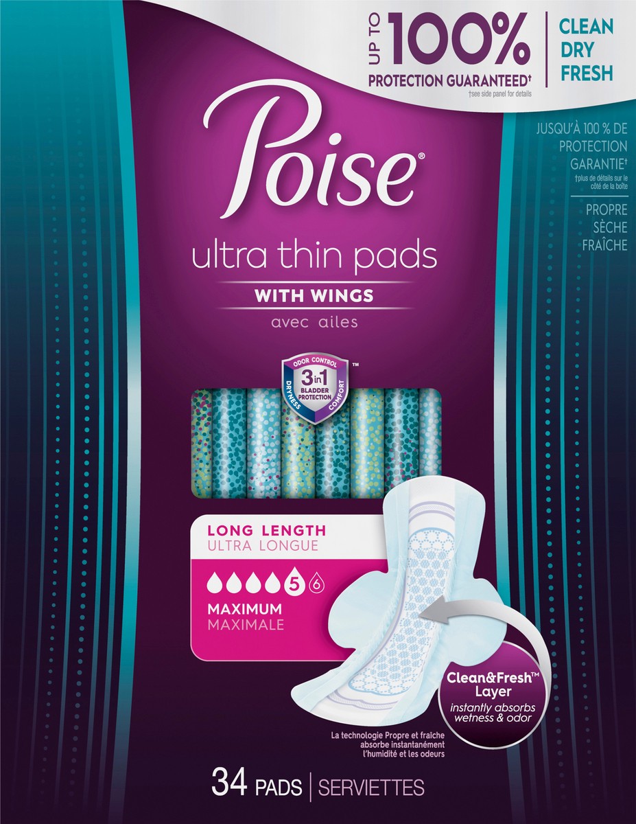 slide 8 of 9, Poise Ultra Thin Incontinence & Postpartum Pads with Wings for Bladder Leaks, 5 Drop Maximum Absorbency, Long Length, 34 Count, 34 ct