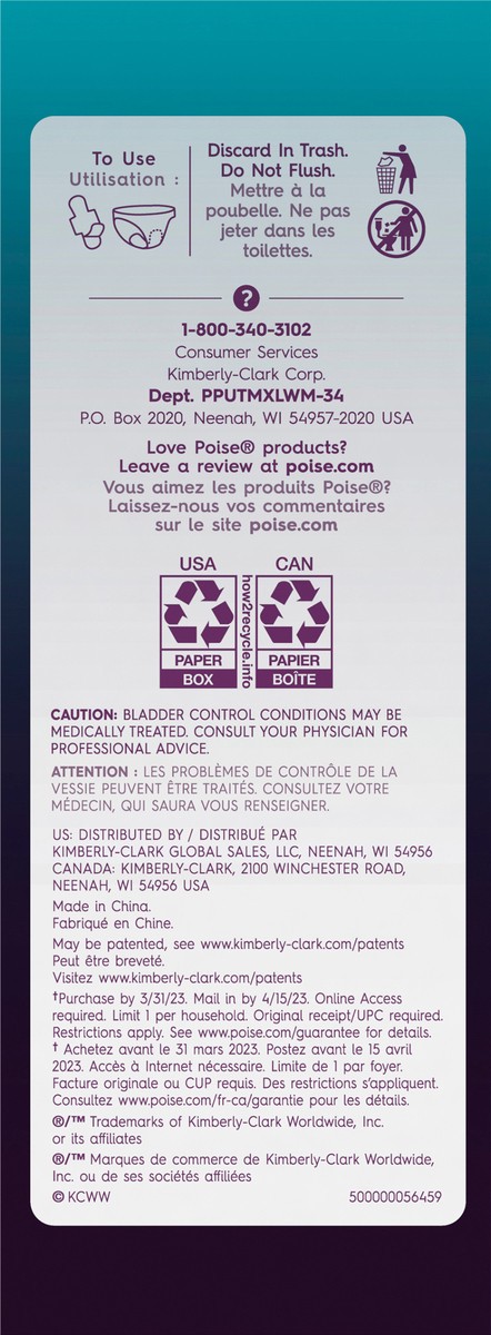 slide 7 of 9, Poise Ultra Thin Incontinence & Postpartum Pads with Wings for Bladder Leaks, 5 Drop Maximum Absorbency, Long Length, 34 Count, 34 ct