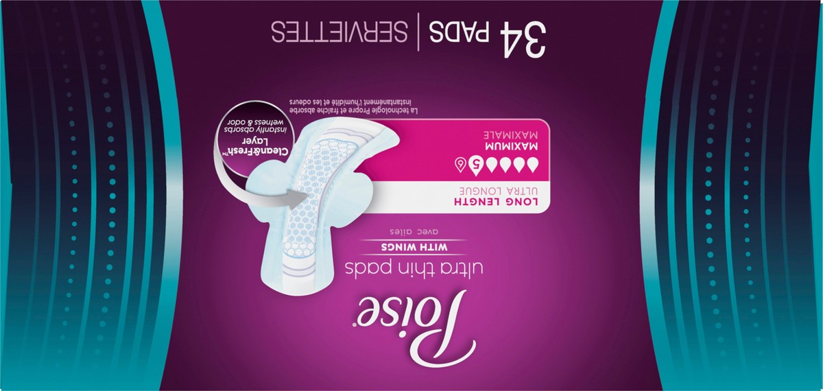 slide 9 of 9, Poise Ultra Thin Incontinence & Postpartum Pads with Wings for Bladder Leaks, 5 Drop Maximum Absorbency, Long Length, 34 Count, 34 ct