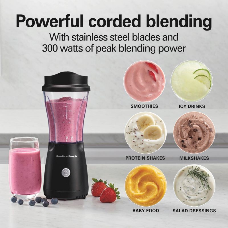 slide 3 of 8, Hamilton Beach One Speed Single-Serve Blender - Black: Portable Personal Smoothie Blender with Travel Lid & Stainless Steel Blades, 1 ct