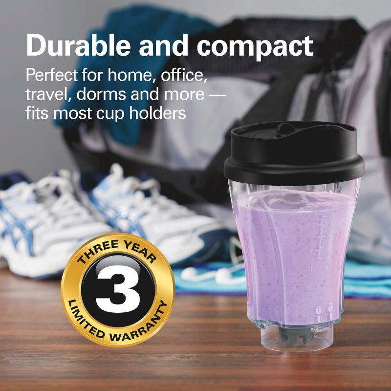 slide 5 of 8, Hamilton Beach One Speed Single-Serve Blender - Black: Portable Personal Smoothie Blender with Travel Lid & Stainless Steel Blades, 1 ct