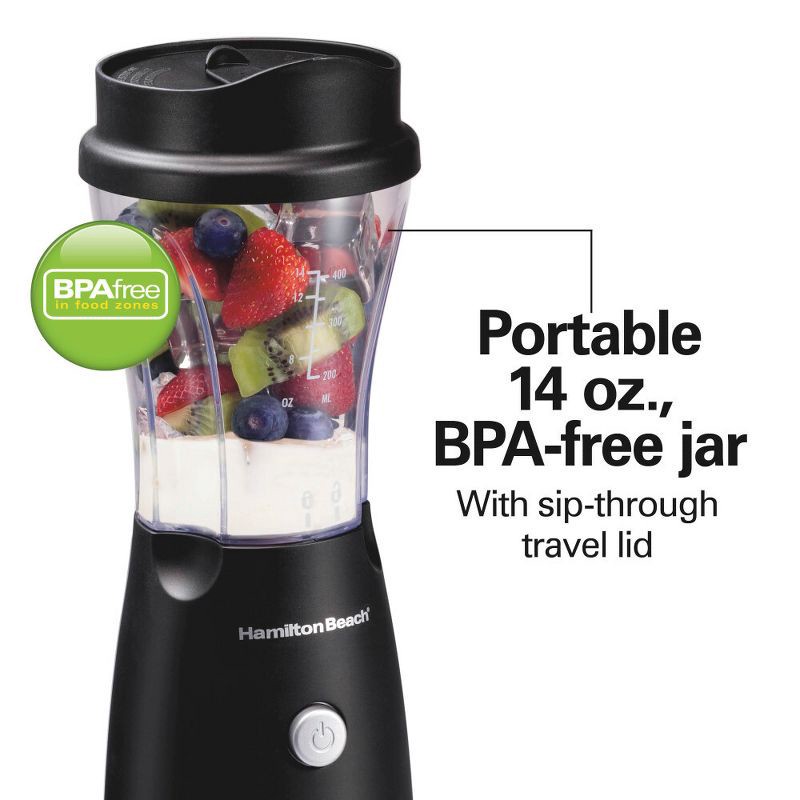 slide 7 of 8, Hamilton Beach One Speed Single-Serve Blender - Black: Portable Personal Smoothie Blender with Travel Lid & Stainless Steel Blades, 1 ct