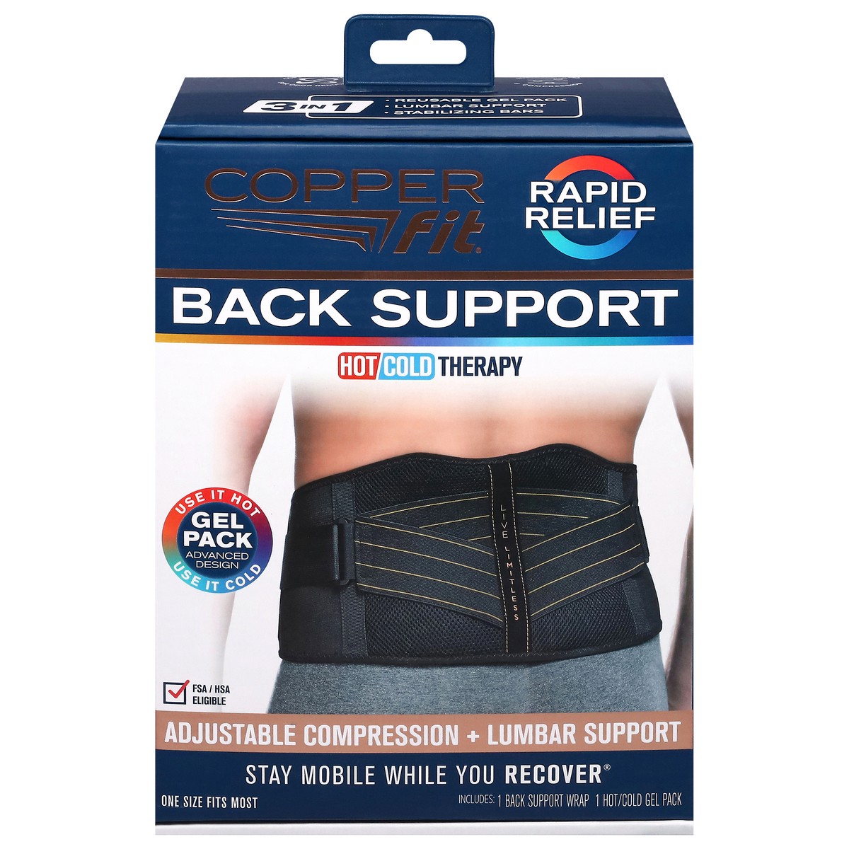 slide 1 of 13, Copper Fit Rapid Relief Hot Cold Therapy One Size Back Support 1 Each, 1 ct